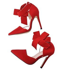 2/$25 Red Velvety suede Bow Ankle Strap 5 inch Pump Heel Stelittoe Size 7.5 EU38